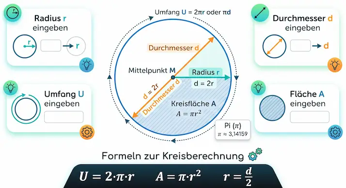 Kreis Berechnungen Diagramm mit Radius und Durchmesser