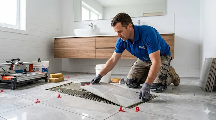 Modern bathroom tile calculator interface displaying material and grout estimates
